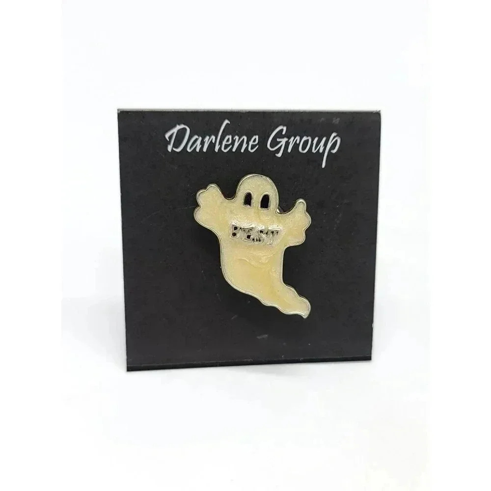 NOS Halloween White Enamel BEST Ghost Silver Tone Darlene Group Pin Brooch